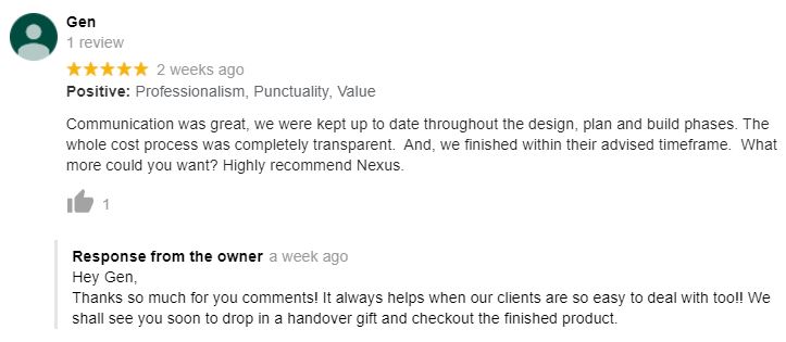 Perth renovations company Nexus' positive Google review